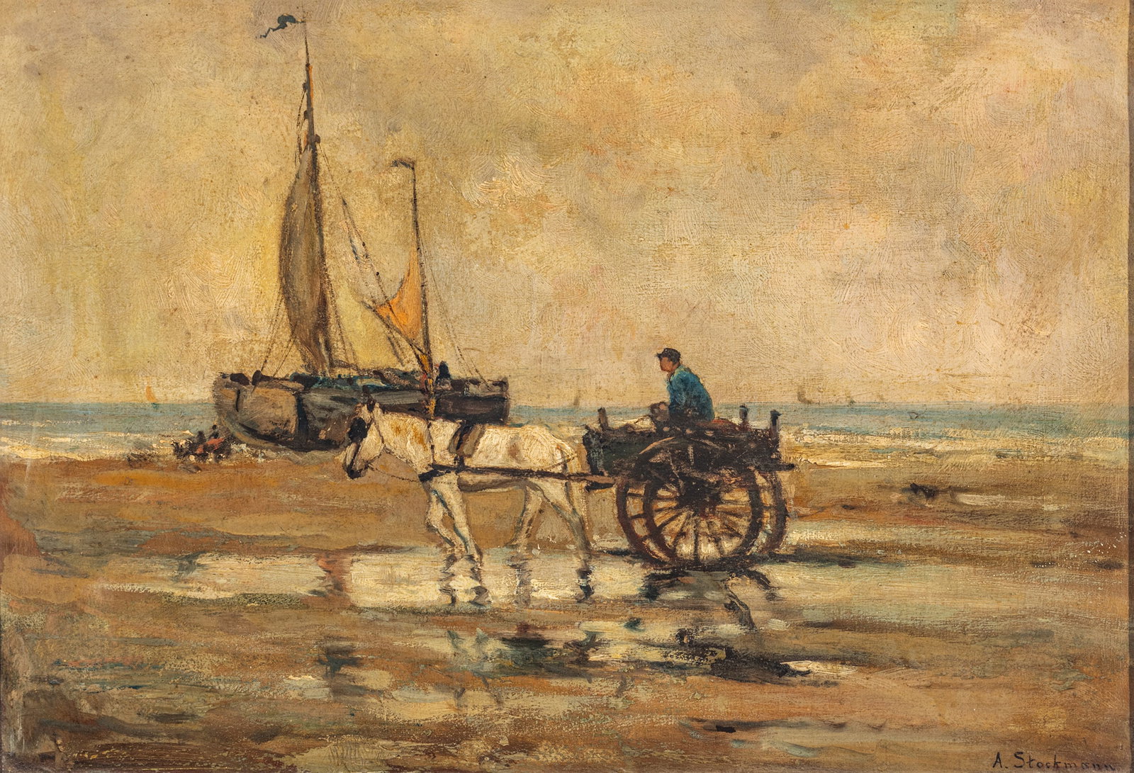 Anton Stockmann (Swiss, 1868-1940) Oil on Canvas 'Bringing in the Catch at Low Tide', H 18.25" W: Anton Stockmann (Swiss, 1868-1940) Oil on Canvas 'Bringing in the Catch at Low Tide', H 18.25" W 24.25" Frame Size: H 28" W 35.75" Signed lower right. Depicting a fisherman brining home the day's catc