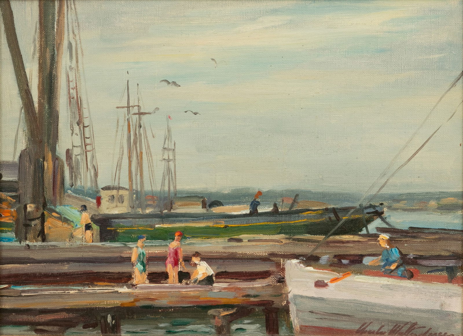 Charles Waltensperger (American, 1870-1931) Oil on Canvas Board, 'New England Harbor Scene', H 12" W (1 of 4)