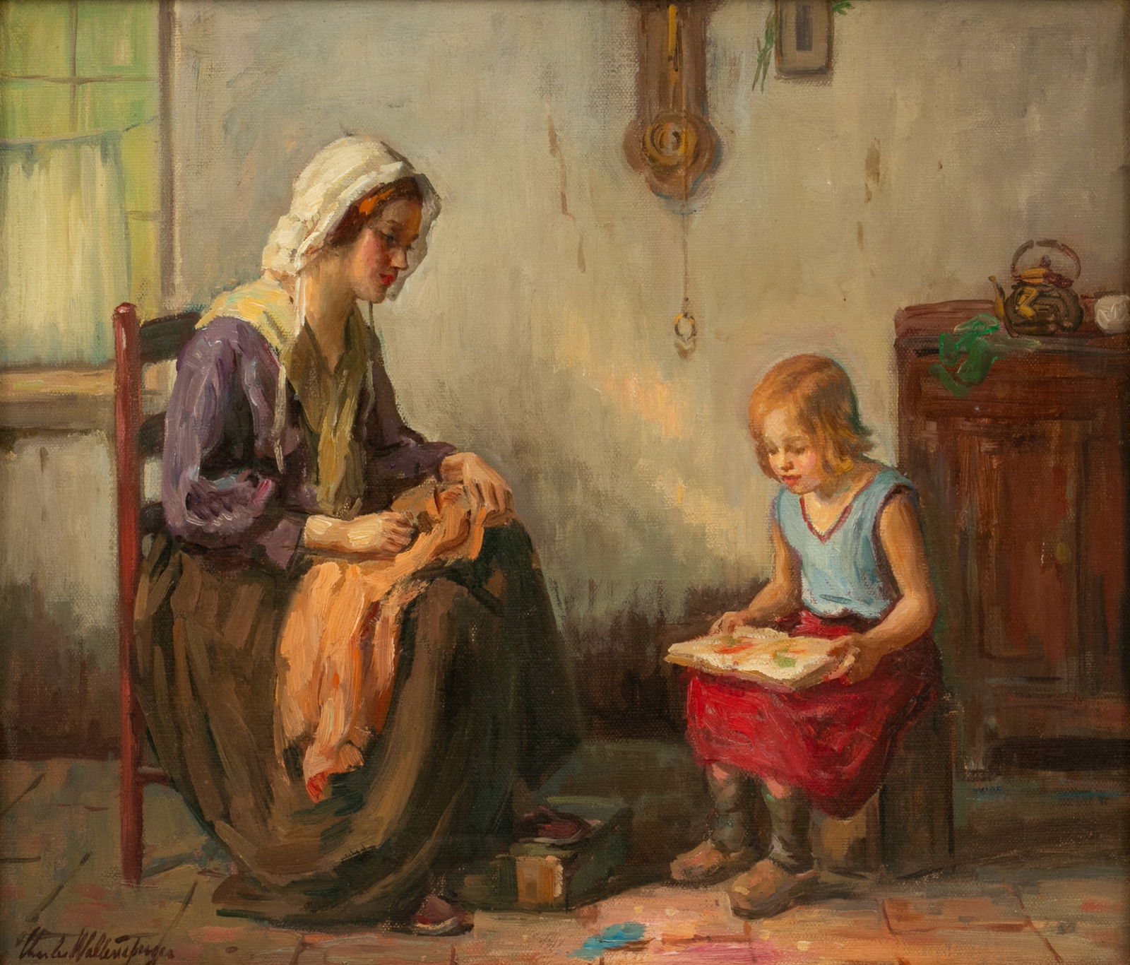 Charles Waltensperger (American, 1870-1931) Oil on Canvas, 'Dutch Interior with Mother And Child', H (1 of 5)