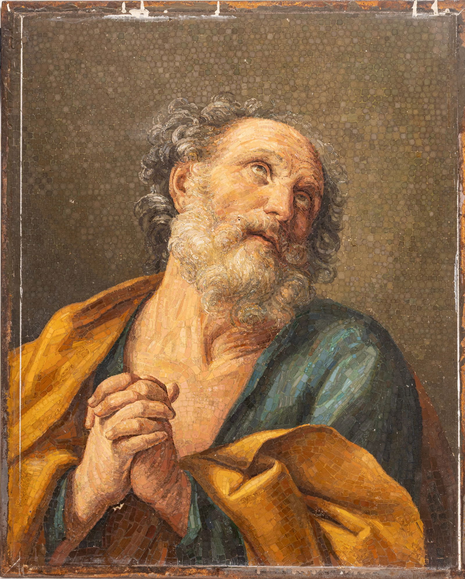 Attributed to Ludovico Lucietto, Vatican Mosaic Workshop, Mosaic on Metal Panel, Ca. 1925, 'After: Attributed to Ludovico Lucietto, Vatican Mosaic Workshop, Mosaic on Metal Panel, Ca. 1925, 'After Guido Reni, Repentance of St. Peter', H 30.25" W 25" Finely detailed mosaic on metal panel. Attributed