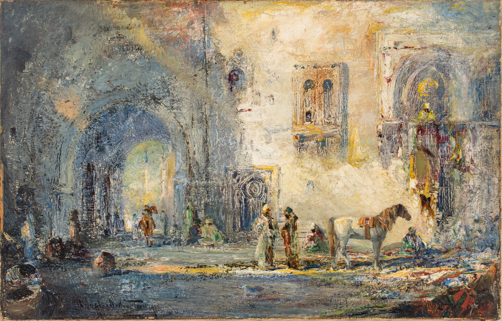 Douglas Arthur Teed (American, 1860-1929) Oil on Canvas 1918, 'House of the Pasha', H 14" W 22": Douglas Arthur Teed (American, 1860-1929) Oil on Canvas 1918, 'House of the Pasha', H 14" W 22" Frame Size: H 22" W 30" Depicting a Turkish street scene outside the home of a high ranking member of Tu