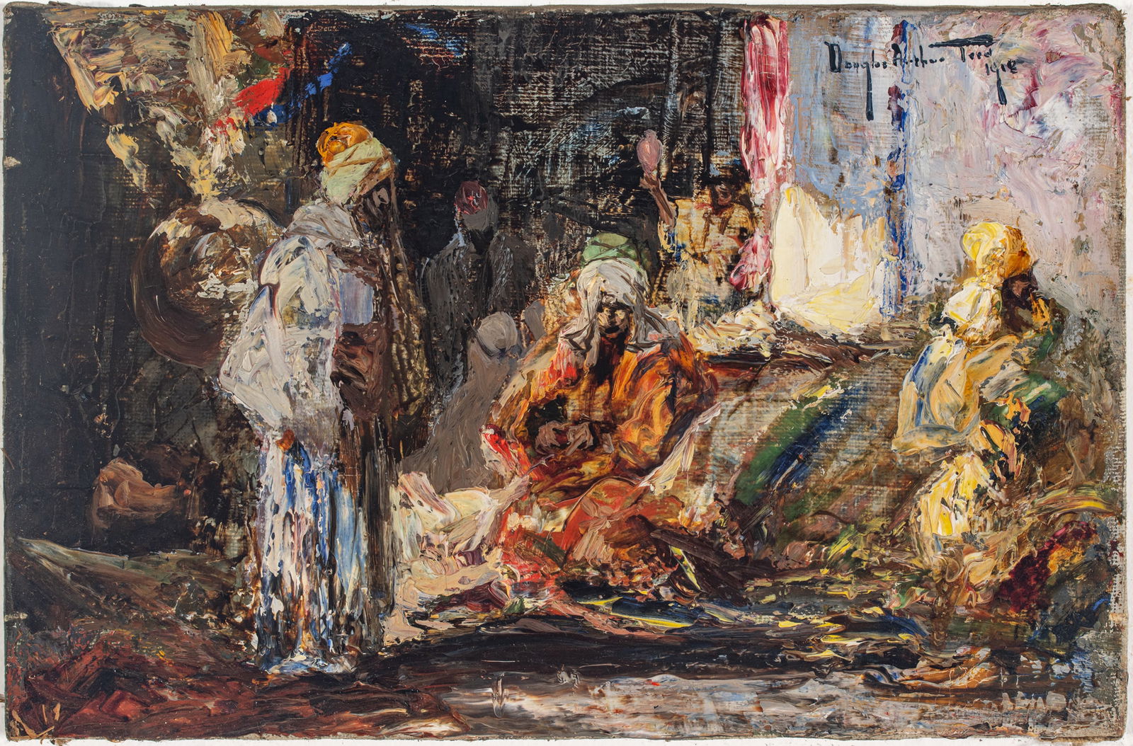 Douglas Arthur Teed (American, 1860-1929) Oil on Canvas 1918, 'Carpet Bazar', H 7.25" W 11" Frame: Douglas Arthur Teed (American, 1860-1929) Oil on Canvas 1918, 'Carpet Bazar', H 7.25" W 11" Frame Size: H 16.75" W 21.5" Depicting a rug trader with his wares in an outdoor bazar. Signed lower right a