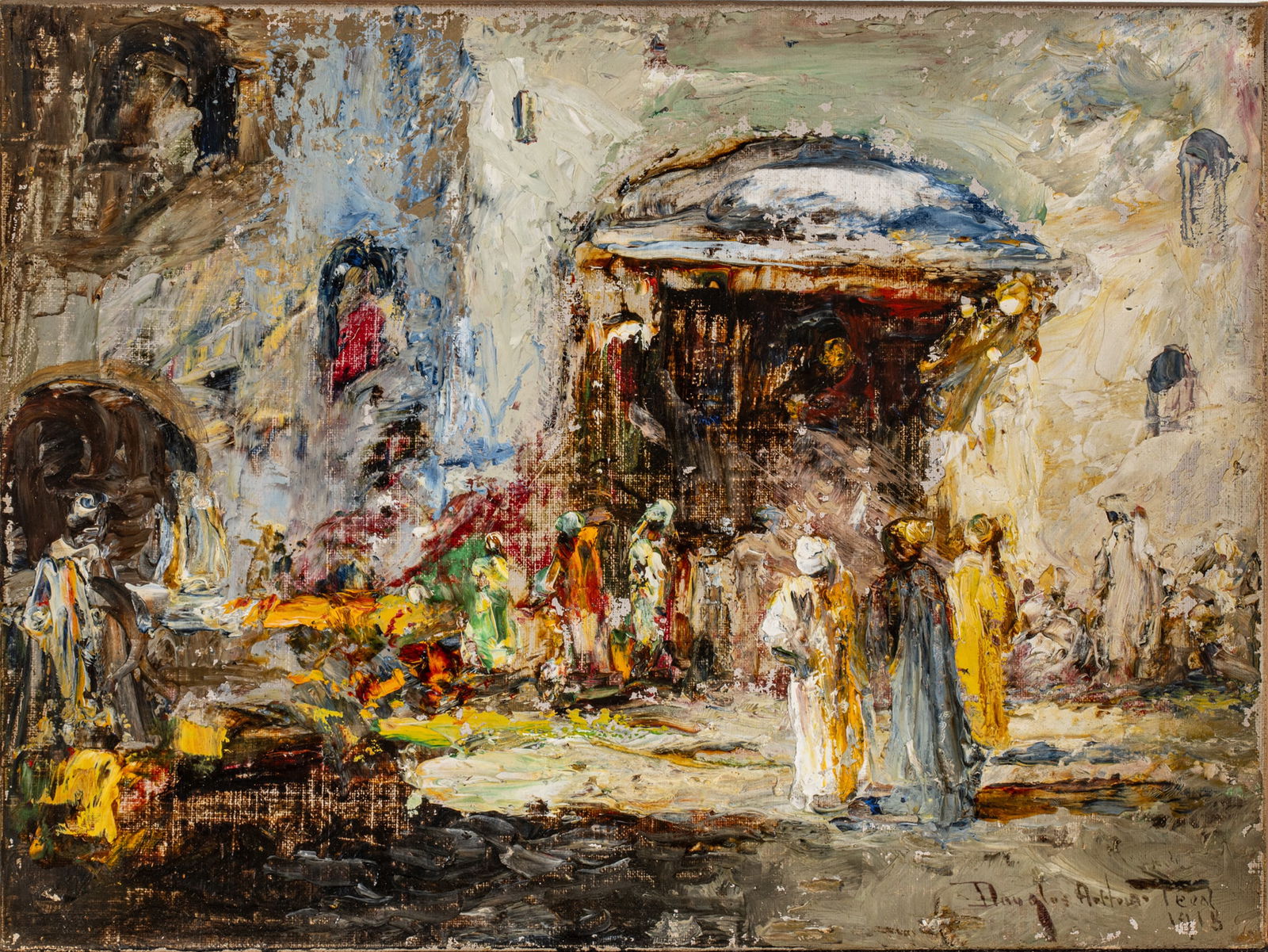 Douglas Arthur Teed (American, 1860-1929) Oil on Artist Board 1918, 'Arab Street Market', H 9" W 12": Douglas Arthur Teed (American, 1860-1929) Oil on Artist Board 1918, 'Arab Street Market', H 9" W 12" Frame Size: H 18.5" W 21.5" Colorful scene depicting Arabs in an outdoor market. Signed lower right