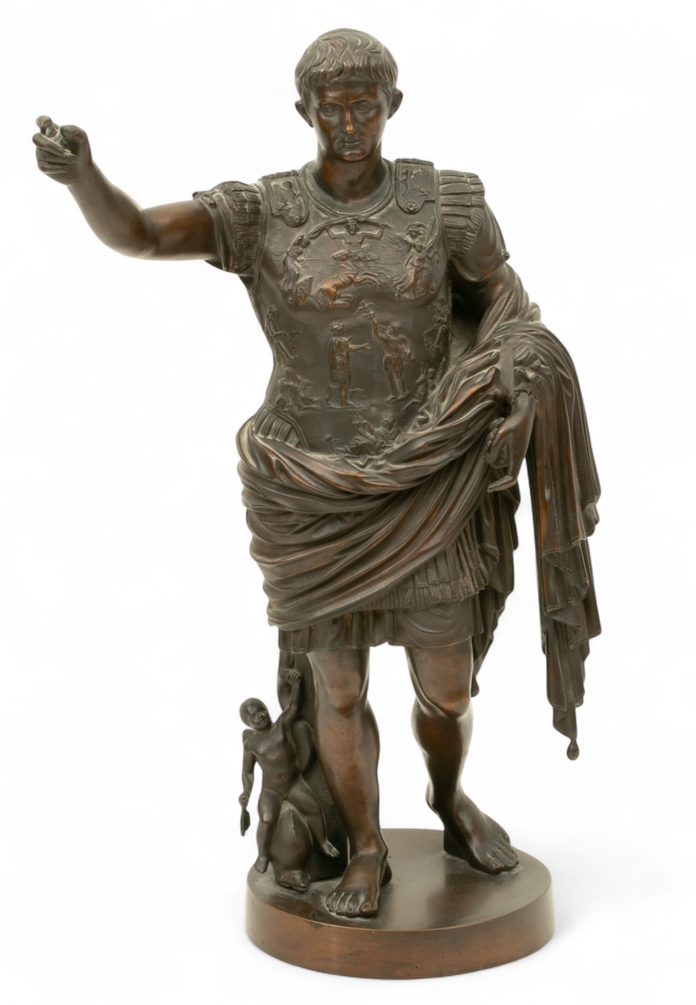French Bronze Sculpture, Ca. 1900-1910, 'Augustus of Prima Porta', H 19.75" W 12" Depth 8": French Bronze Sculpture, Ca. 1900-1910, 'Augustus of Prima Porta', H 19.75" W 12" Depth 8" Grand Tour sculpture after the the the classical marble of Augustus, the first Emperor of Rome aside an angel