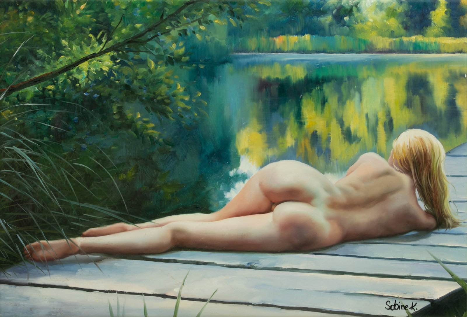 Sabine Kassik (Austrian, 20th C.) Oil on Canvas, 'Female Nude on a Dock', H 20" W 30": Sabine Kassik (Austrian, 20th C.) Oil on Canvas, 'Female Nude on a Dock', H 20" W 30" Signed in the lower right. Female nude laying on a dock and gazing out at the still waters. Stretched canvas, unfr