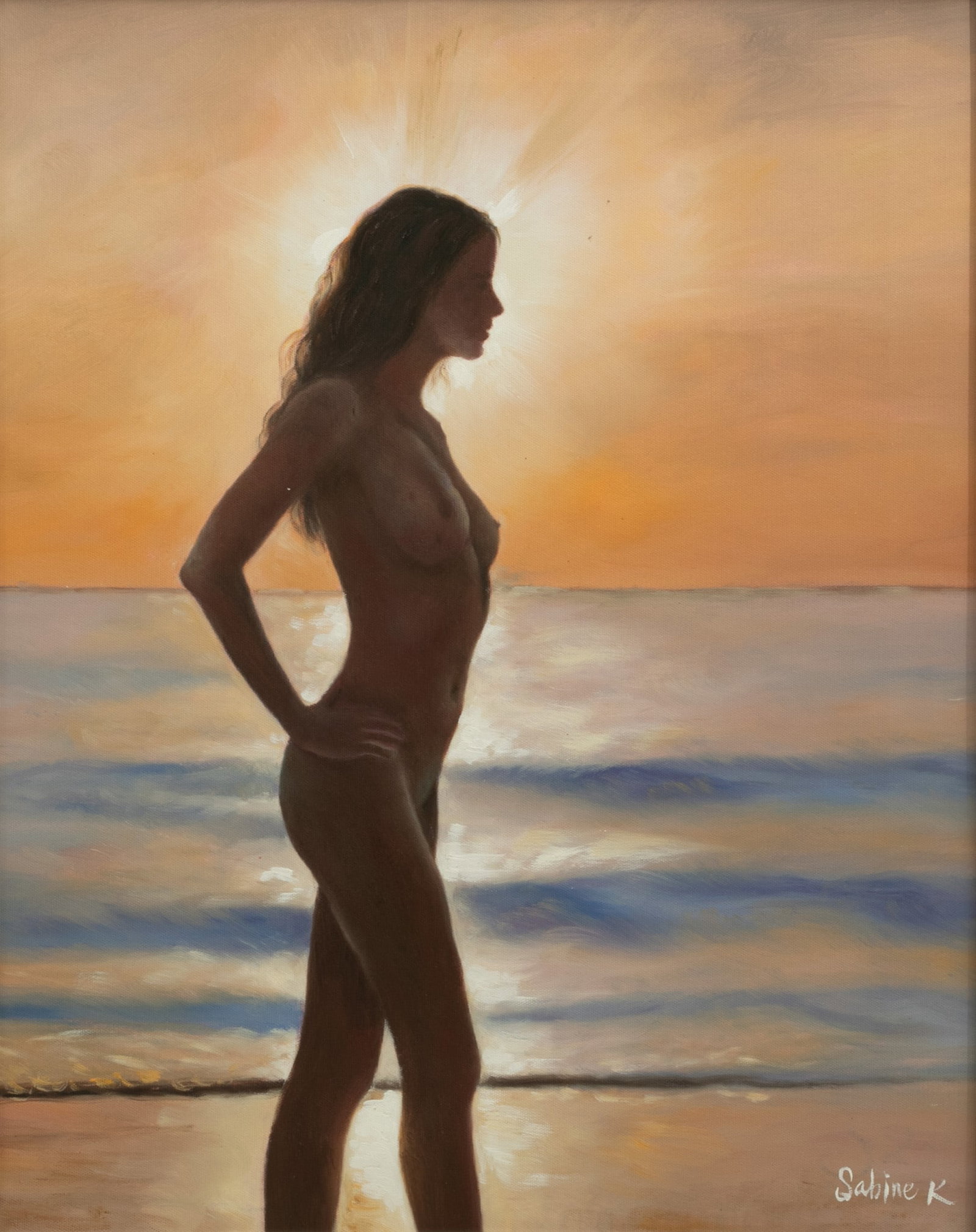 Sabine Kassik (Austrian, 20th C.) Oil on Canvas, 'Standing Female Nude', H 20" W 16" Frame Size: H: Sabine Kassik (Austrian, 20th C.) Oil on Canvas, 'Standing Female Nude', H 20" W 16" Frame Size: H 23.5" W 19.5" Signed in the lower right. Standing female nude on the shores of a beach with a sunset 