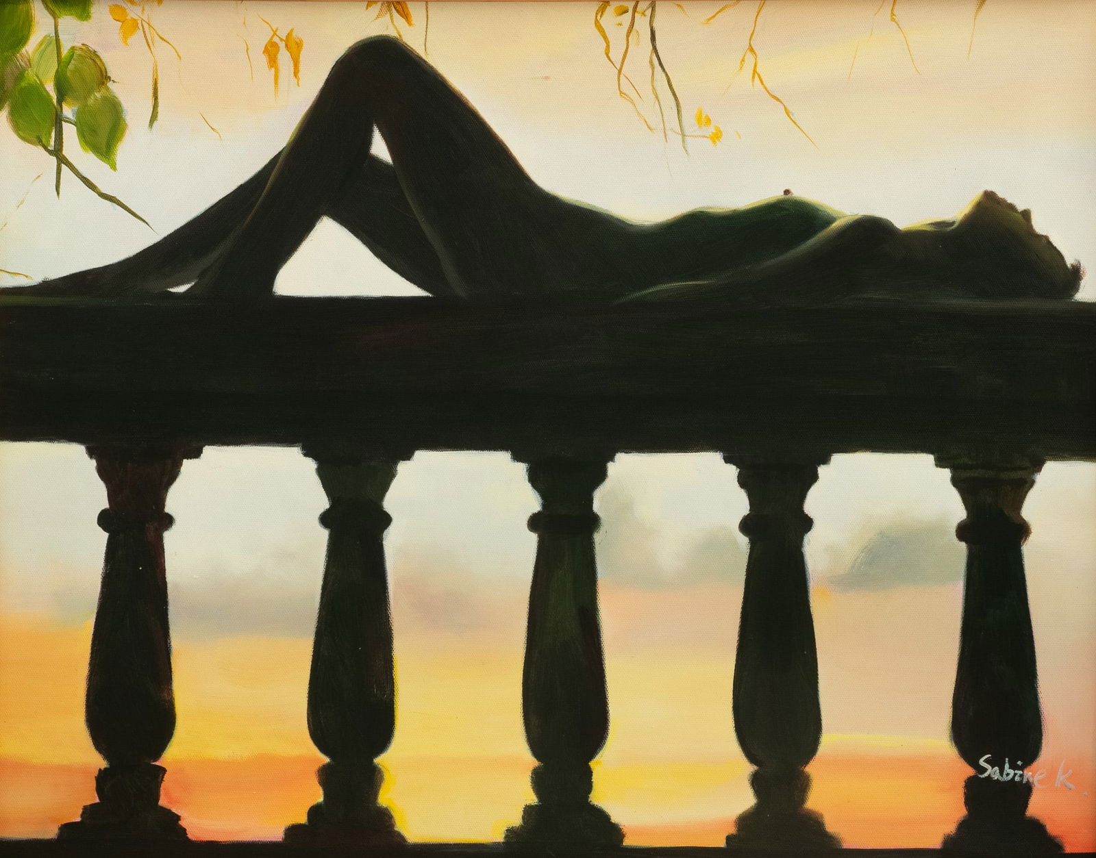 Sabine Kassik (Austrian, 20th C.) Oil on Canvas, 'Recline Female Nude', H 16" W 20" Frame Size: H: Sabine Kassik (Austrian, 20th C.) Oil on Canvas, 'Recline Female Nude', H 16" W 20" Frame Size: H 19" W 23" Signed in the lower right. Female nude reclining in the shade on a balustrade with a sunset
