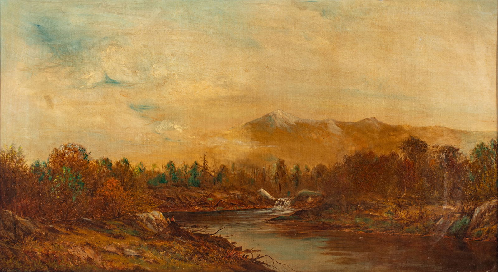 American Oil on Canvas, Ca. Mid 19th C., Mountainous River Landscape H 20" W 36" Frame Size: H 30" W (1 of 7)