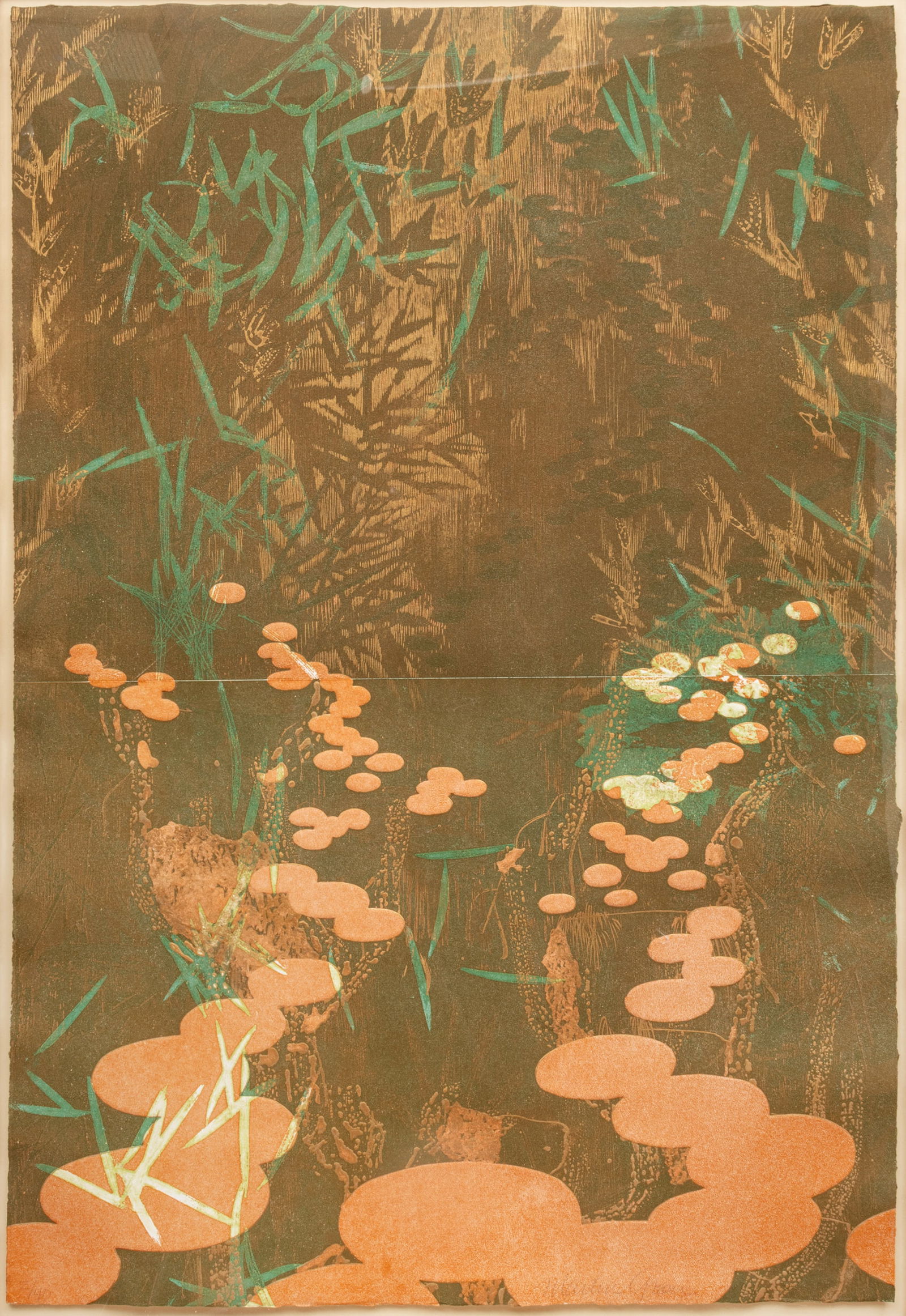 Martin Green (American, 20th C.) Embossed Woodblock Print Diptych, 'Lily Pond', H 42" W 28.5" Frame (1 of 9)