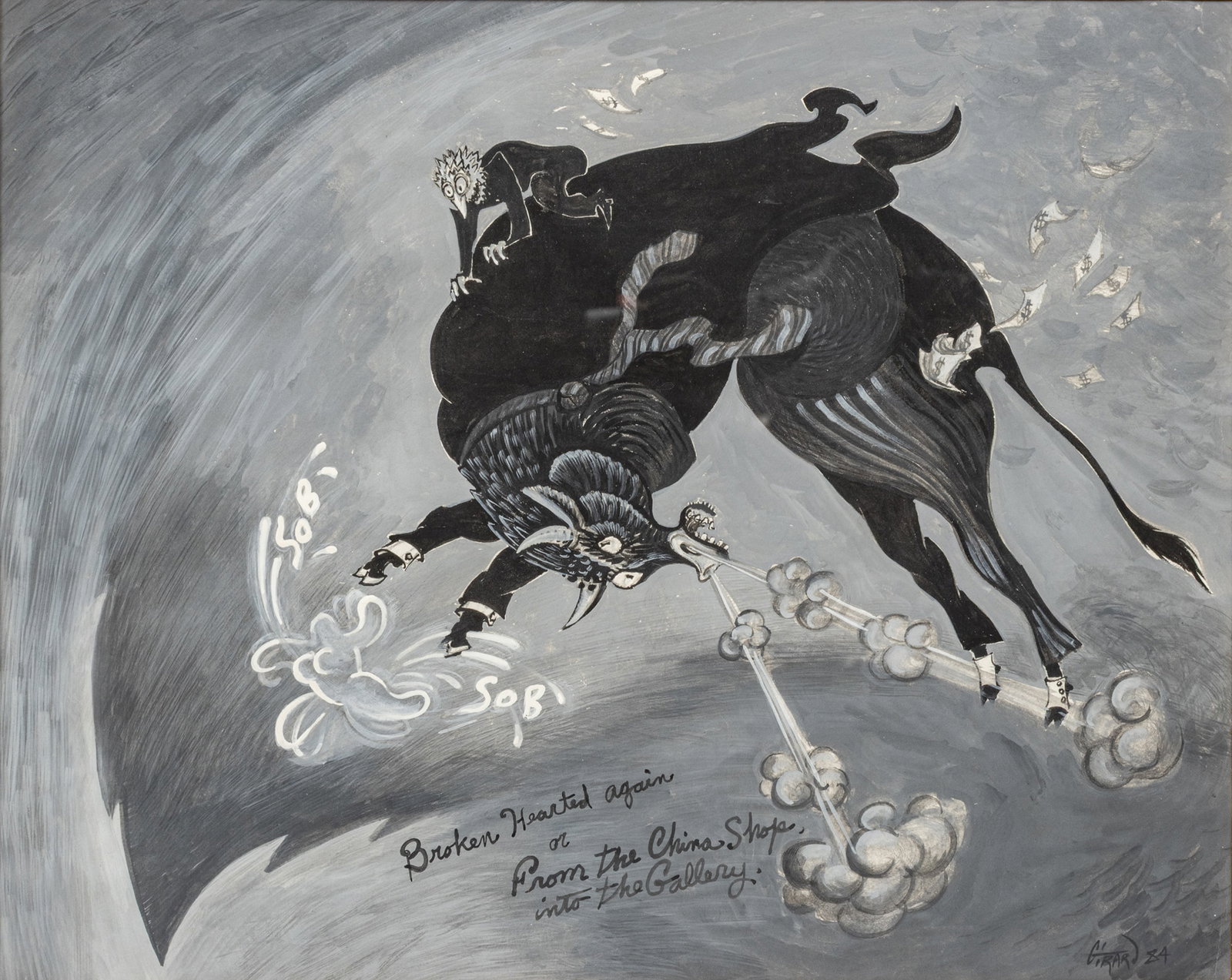 William J. Girard (American, 1940-2011) Watercolor And Gouache on Paper 1984, 'From the China Shop: William J. Girard (American, 1940-2011) Watercolor And Gouache on Paper 1984, 'From the China Shop into the Gallery', H 10.5" W 13" Frame Size: H 21" W 23" Signed lower right. Titled "Broken Hearted A