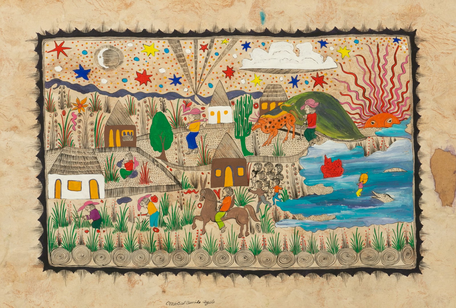 Marcial Camilo Ayala (Mexican, B. 1951) Tempera, Watercolor, And Ink on Agate Paper 'Scenes from: Marcial Camilo Ayala (Mexican, B. 1951) Tempera, Watercolor, And Ink on Agate Paper 'Scenes from Village Life', H 17" W 25" Frame Size: H 23" W 30" Signed lower center. Depicting scenes of farming, ho