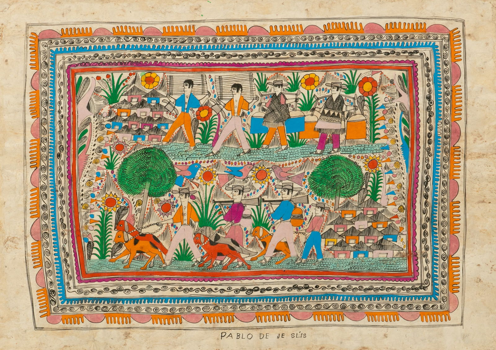 Pablo De Je Slis (Mexican, 20th C.) Tempera, Watercolor, And Ink on Agate Paper 'Parade', H 17.5" W (1 of 4)