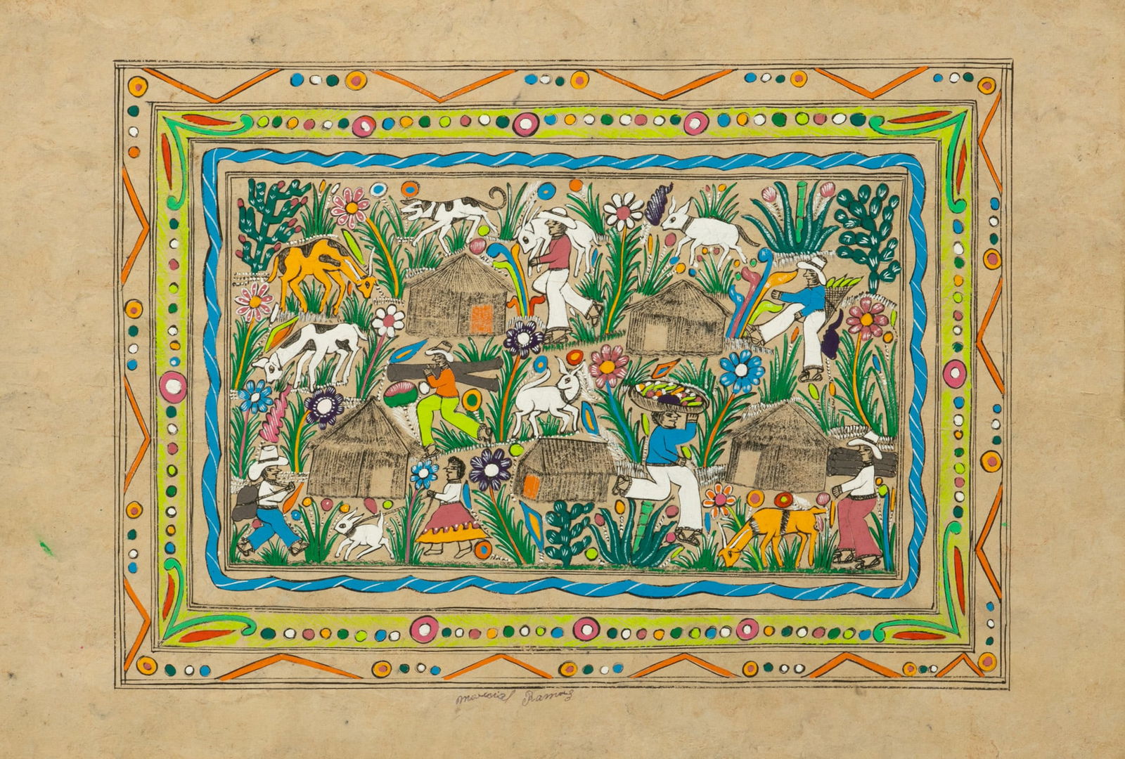 Marcial Ramirez (Mexican, 20th C.) Tempera, Watercolor, And Ink on Agate Paper 'Caring for the (1 of 4)