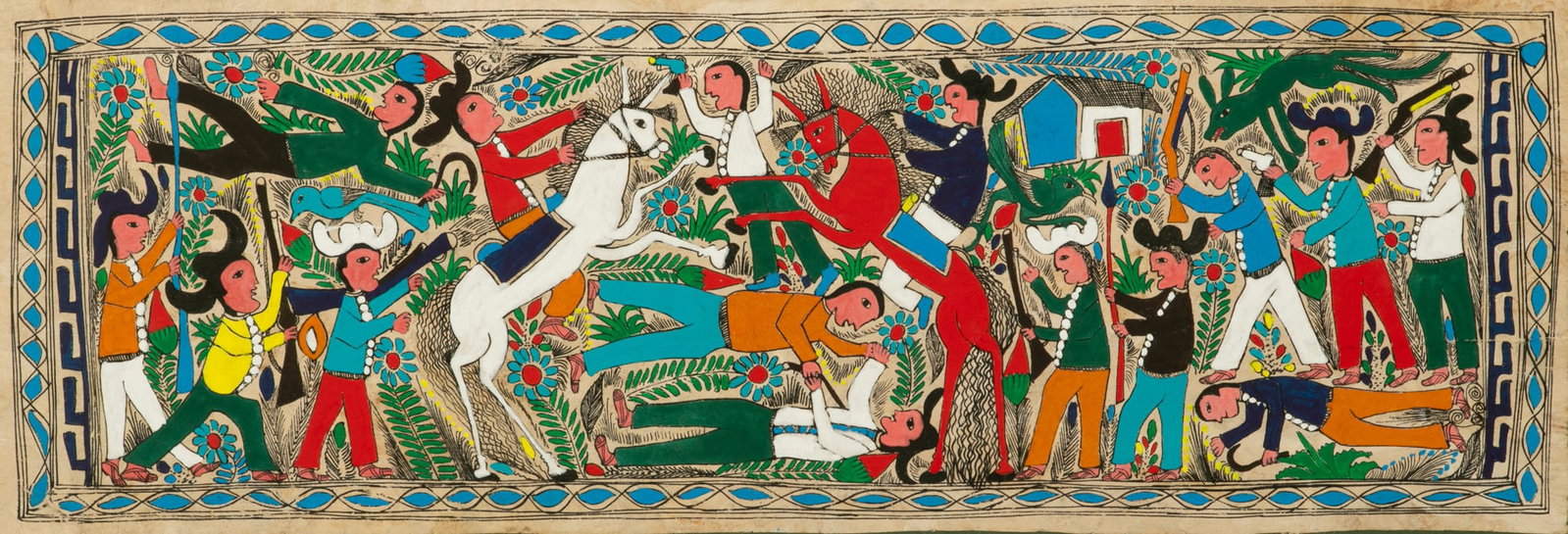 Mexican Tempera, Watercolor, Ink, And Gouache on Agate Paper 'Villages Battling', H 9" W 29" Frame: Mexican Tempera, Watercolor, Ink, And Gouache on Agate Paper 'Villages Battling', H 9" W 29" Frame Size: H 14.5" W 32" Unsigned. Depicting maen from two villages in a heated battle. Provenance: 