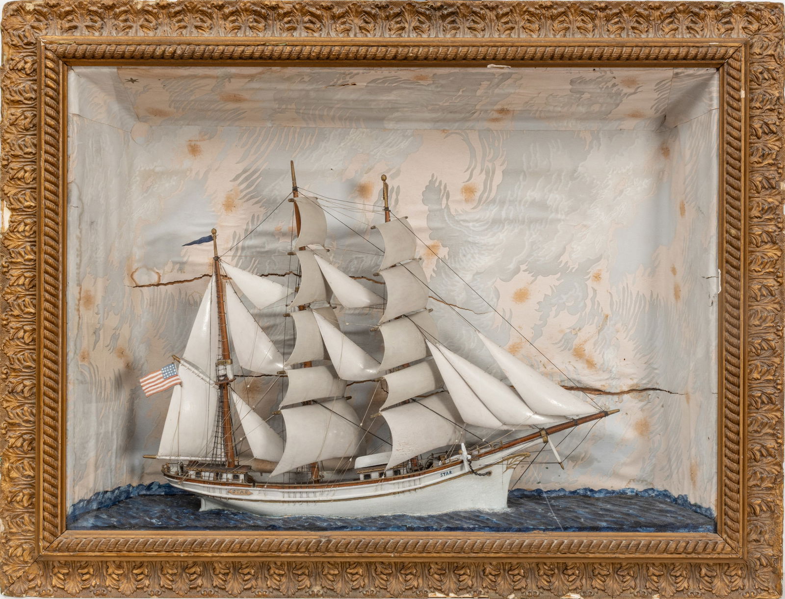 Diorama of the Bark "Star", Three Masted Sailing Vessel 1900, H 21" W 29" Frame Size: H 27" W 36": Diorama of the Bark "Star", Three Masted Sailing Vessel 1900, H 21" W 29" Frame Size: H 27" W 36" Three masted sailing vessel "Star" full model. Two forward masts carry square sails and the mizz
