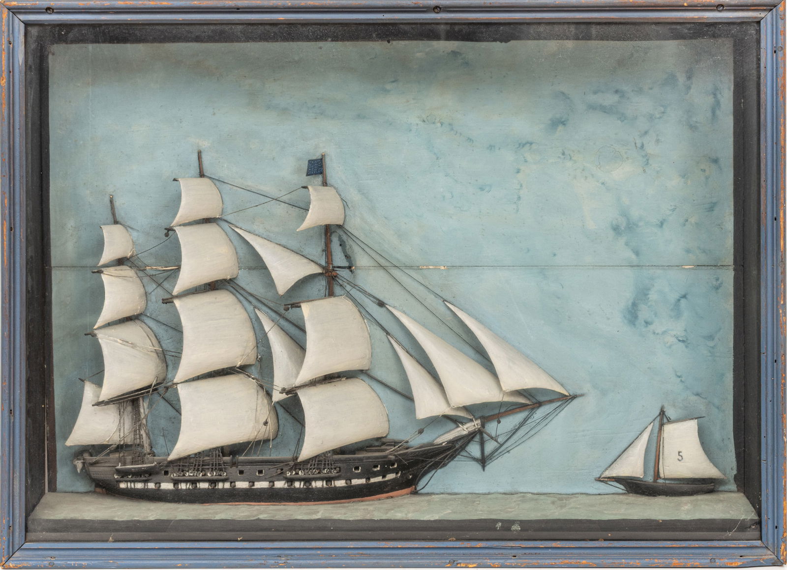 Three Mast Schooner And Small Sail Boat 1900, H 22" W 30.5" Frame Size: H 24" W 33"  Depth 6.5" (1 of 6)