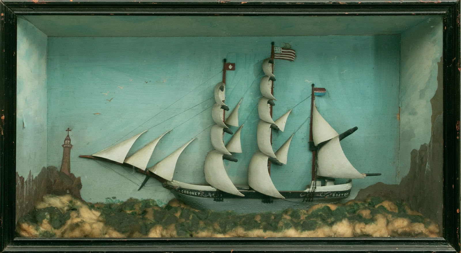 Coronet of Boston Three Mast Sailing Ship Diorama H 14" W 27" Frame Size: H 16.5" W 29"  Depth 6.5" (1 of 6)