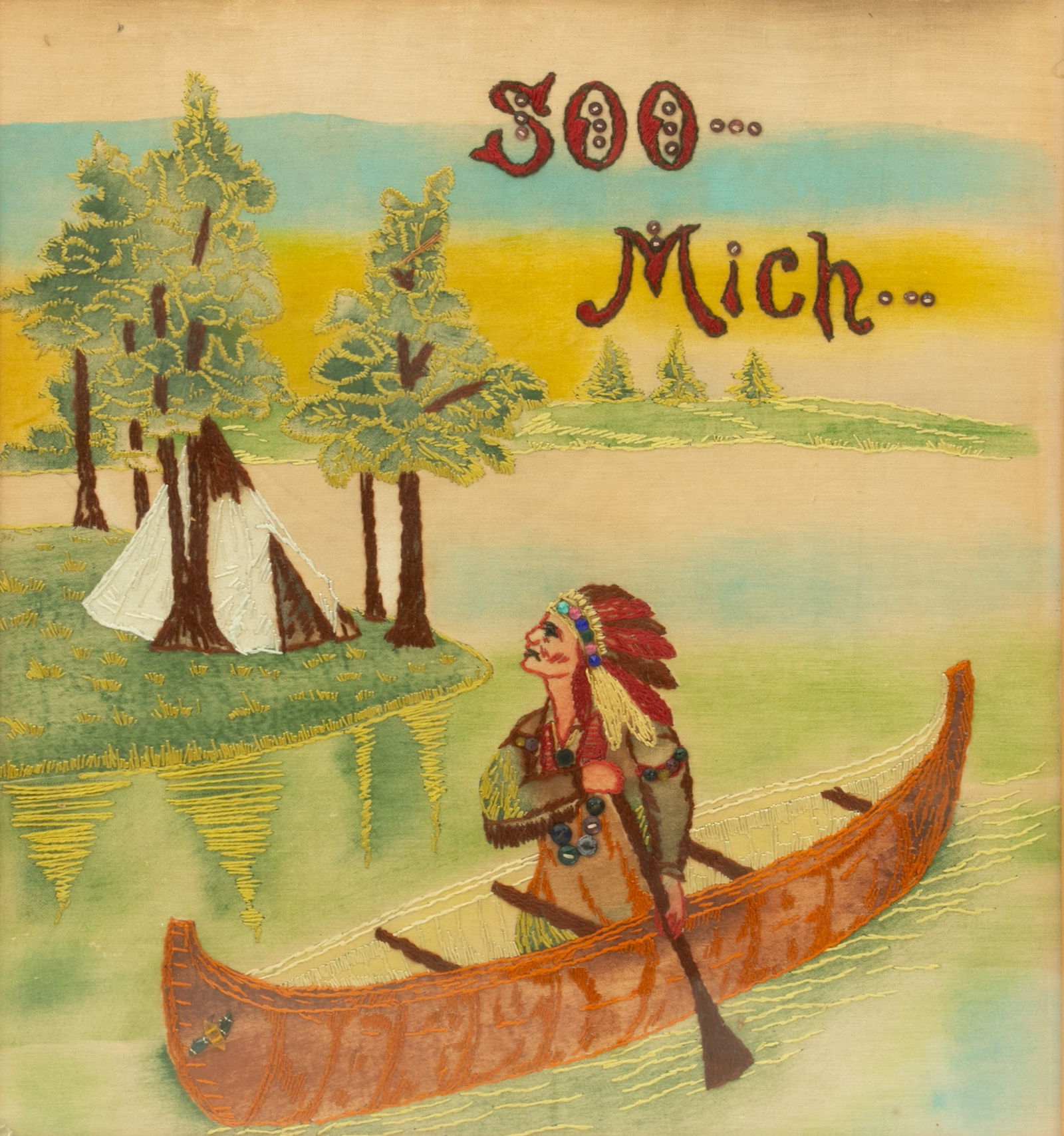 American Beaded And Embroidered Linnen Souvenir Wall Hanging 1950, 'Soo, MI', H 19" W 17.25" Frame (1 of 3)