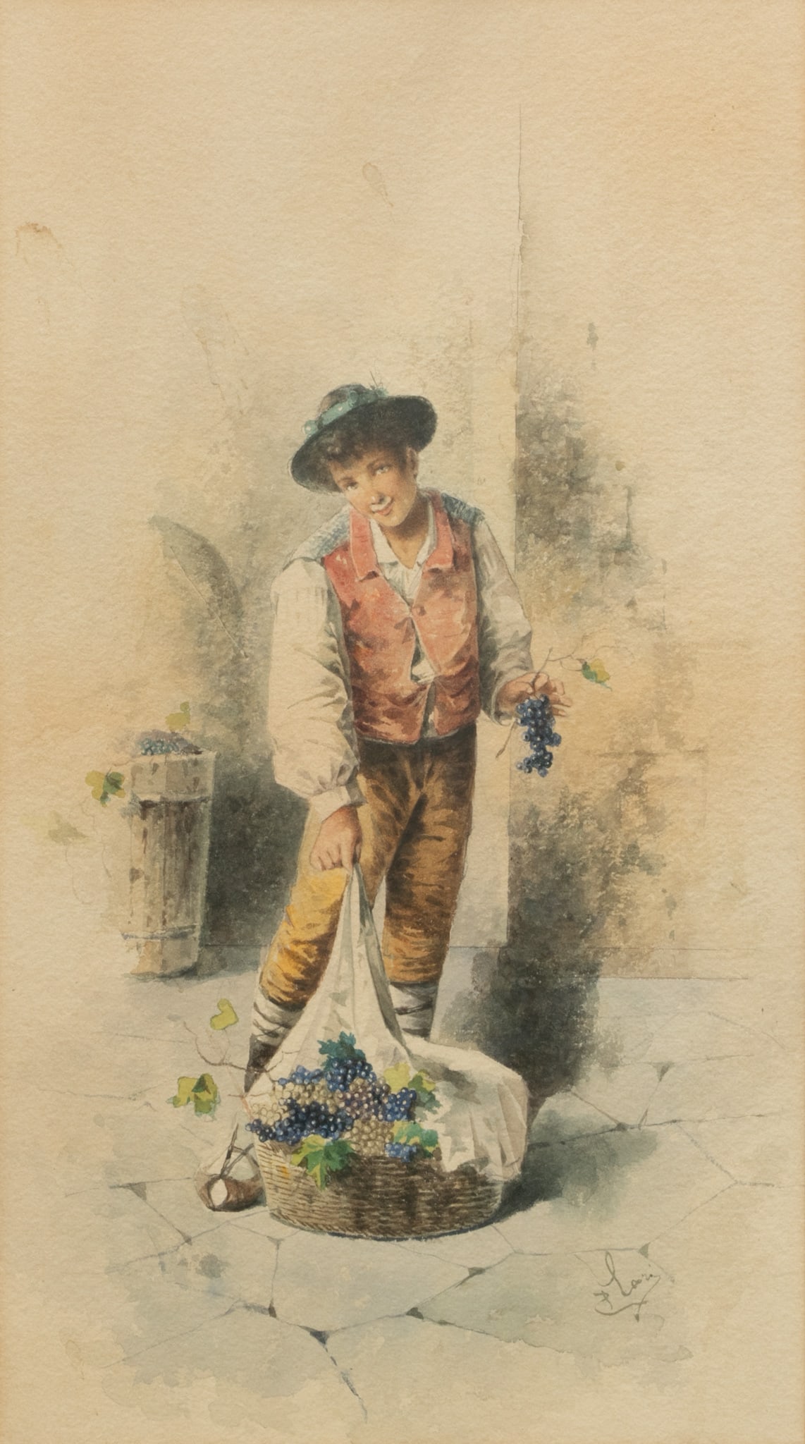 Italian Watercolor on Paper, Ca. Early 20th C., 'Grape Merchant', H 18" W 10": Italian Watercolor on Paper, Ca. Early 20th C., 'Grape Merchant', H 18" W 10" Illegibly signed in the lower right. Depicting a standing young man showing a basket of grapes. Matted and framed under gl
