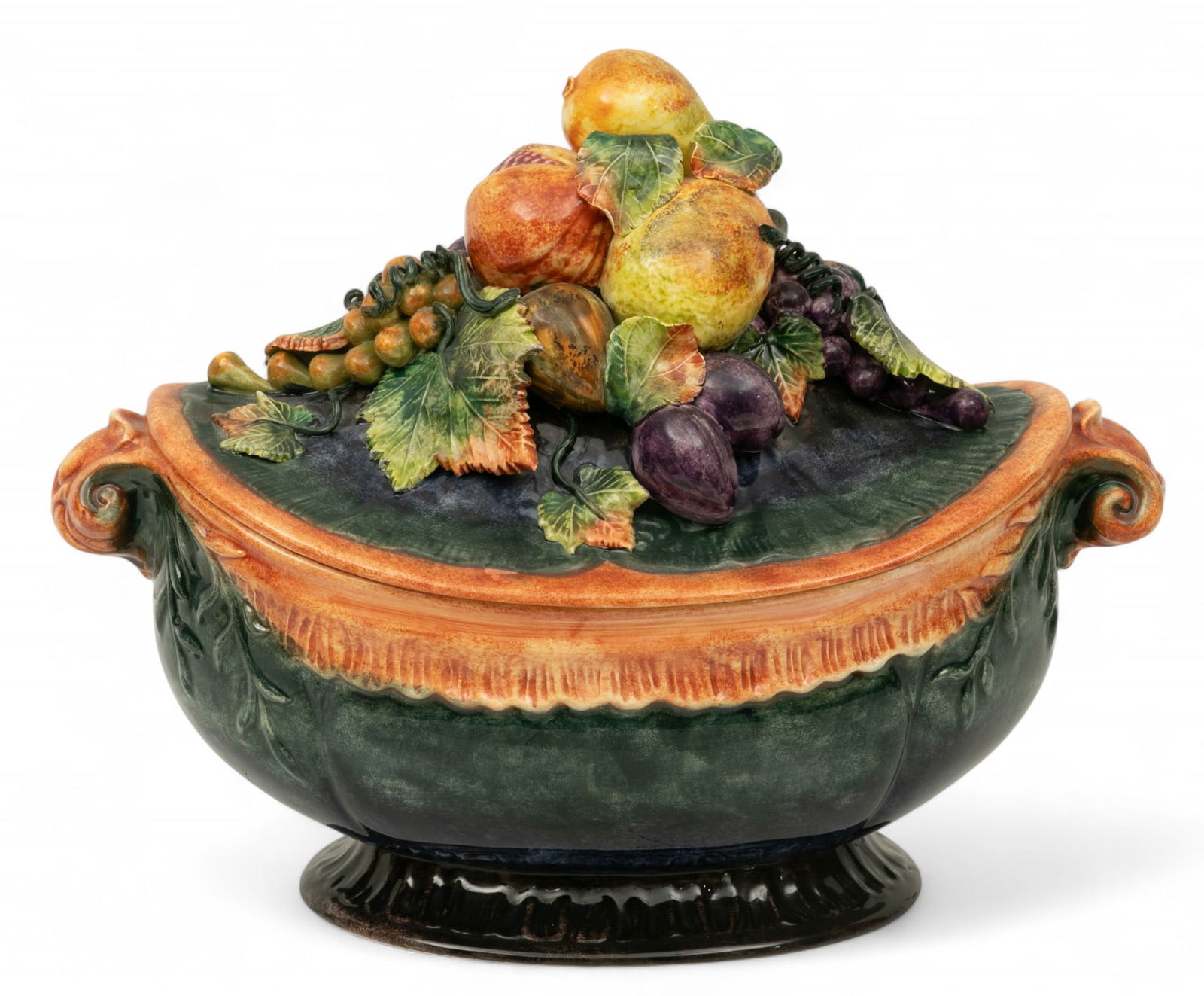 Italian Majolica Pottery Covered Tureen, 20th C., H 12.5" W 8.5" L 16" (1 of 7)