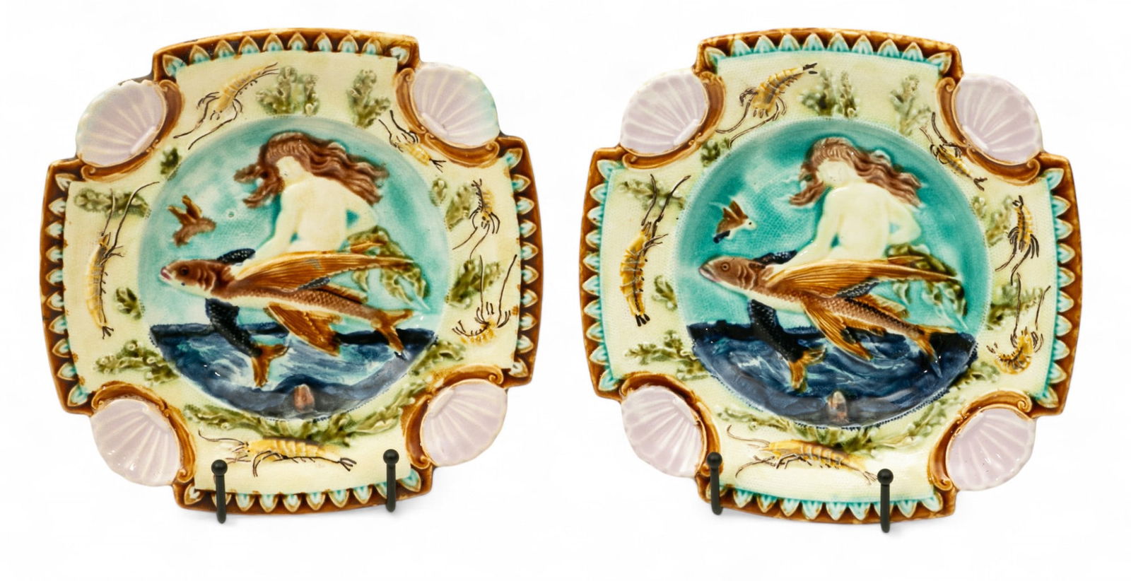 Nimy (Belgian) Majolica Seafood Plates 1870-1880, 'Mermaid Riding Sailfish', W 8.5" L 8.5" 1 PAIR (1 of 2)