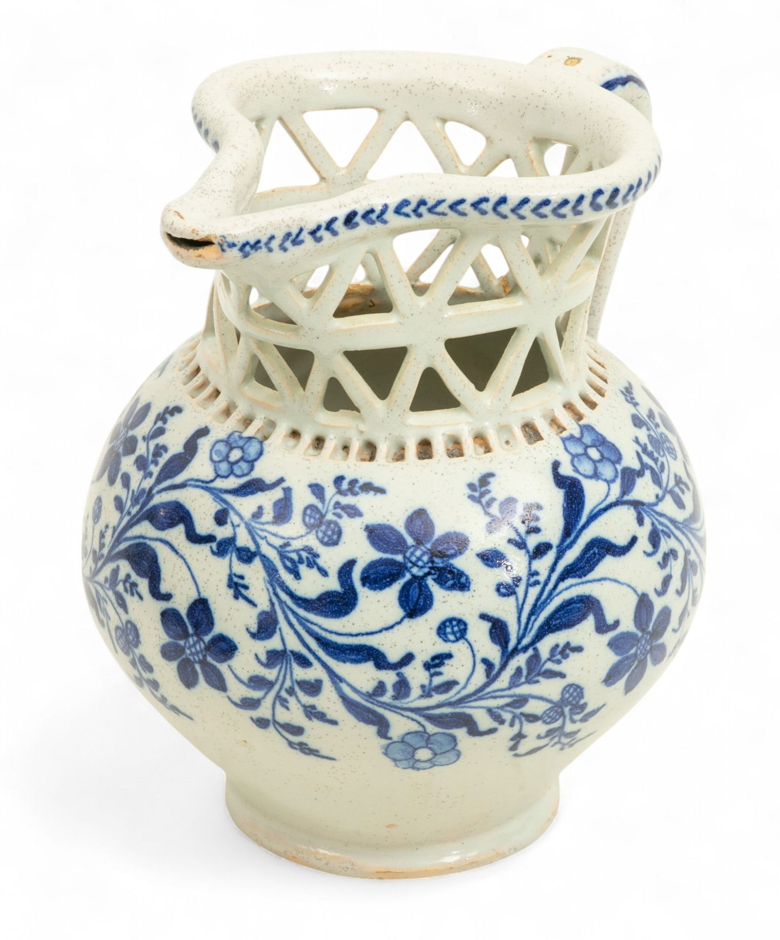 English Delft (Blue on Grey Stoneware Puzzle Jug) 19th.c., H 7.5" W 7.5" 1 PC (1 of 5)