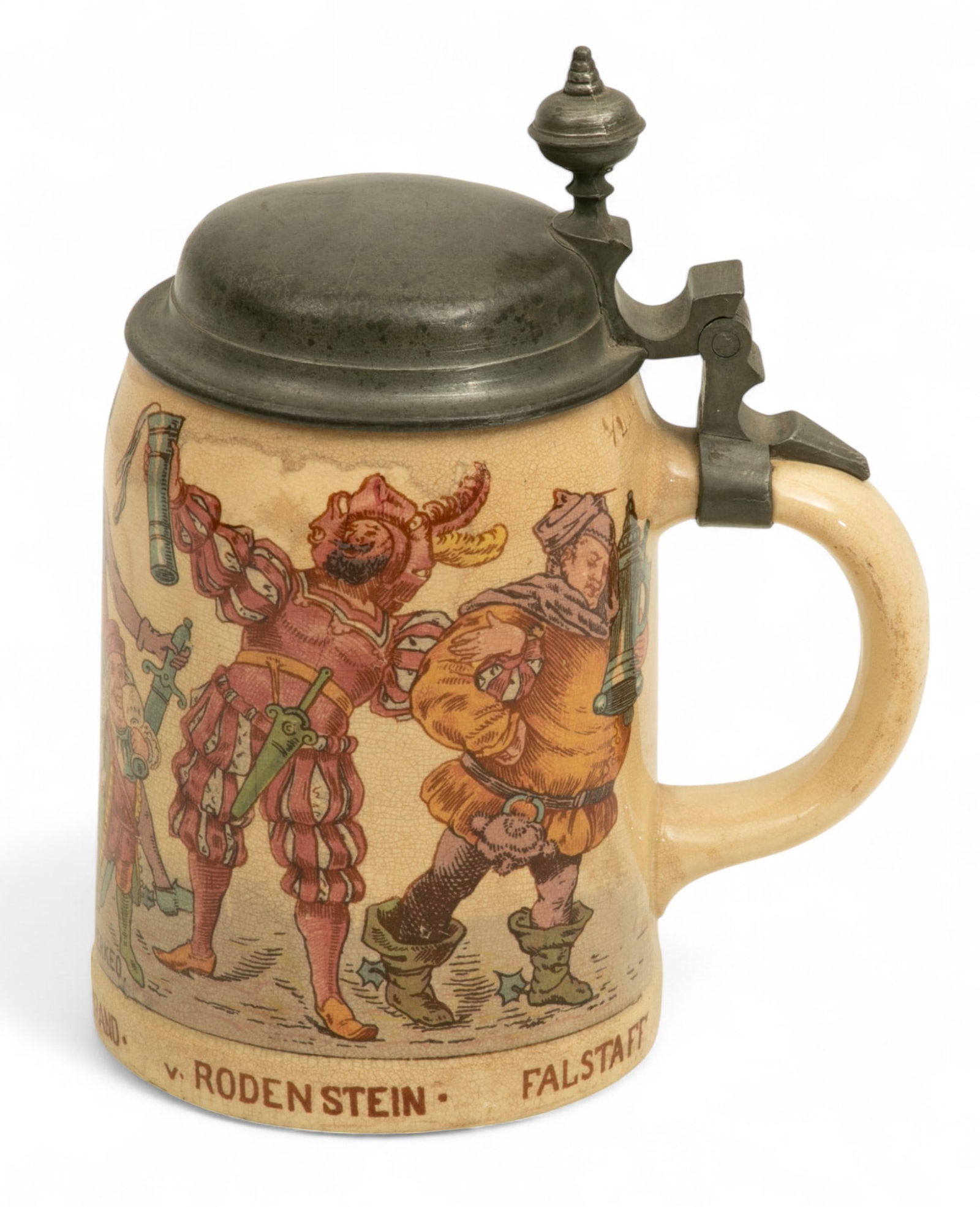 Villeroy Bach Mettlach 1/2 Liter Pottery, Pewter Top Beer Stein 1909, H 7" W 5.5" (1 of 7)