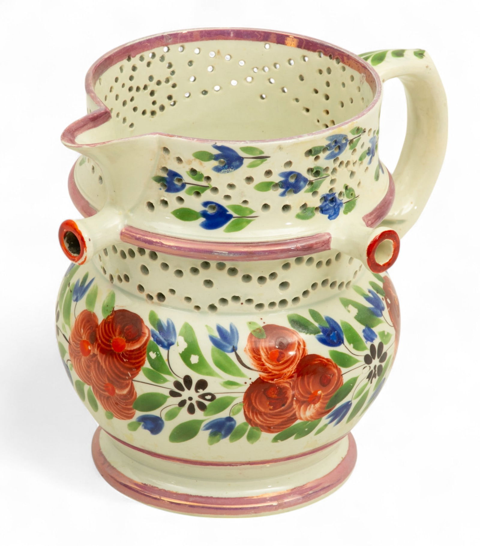 English Staffordshire 3 Spout Hollow Handle Pink Luster Puzzle Jug, 1850, H 5.7" 1 PC (1 of 5)