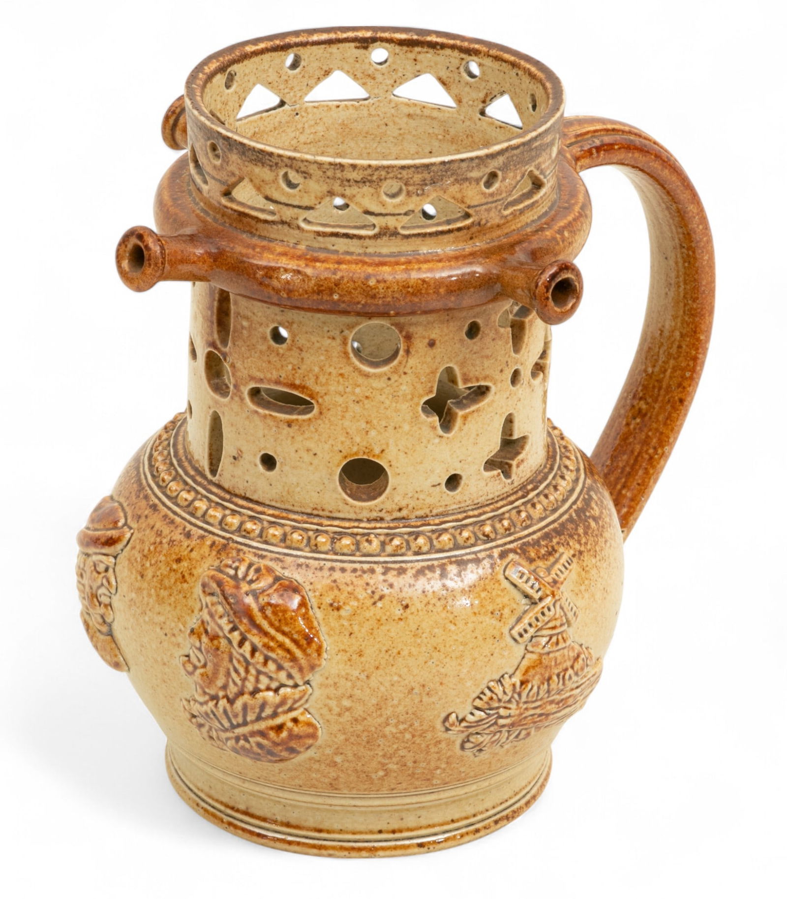 Delftware Salt Glaze Puzzle Jug, 3 Spouts 1820, H 7.5" W 7.5" (1 of 5)