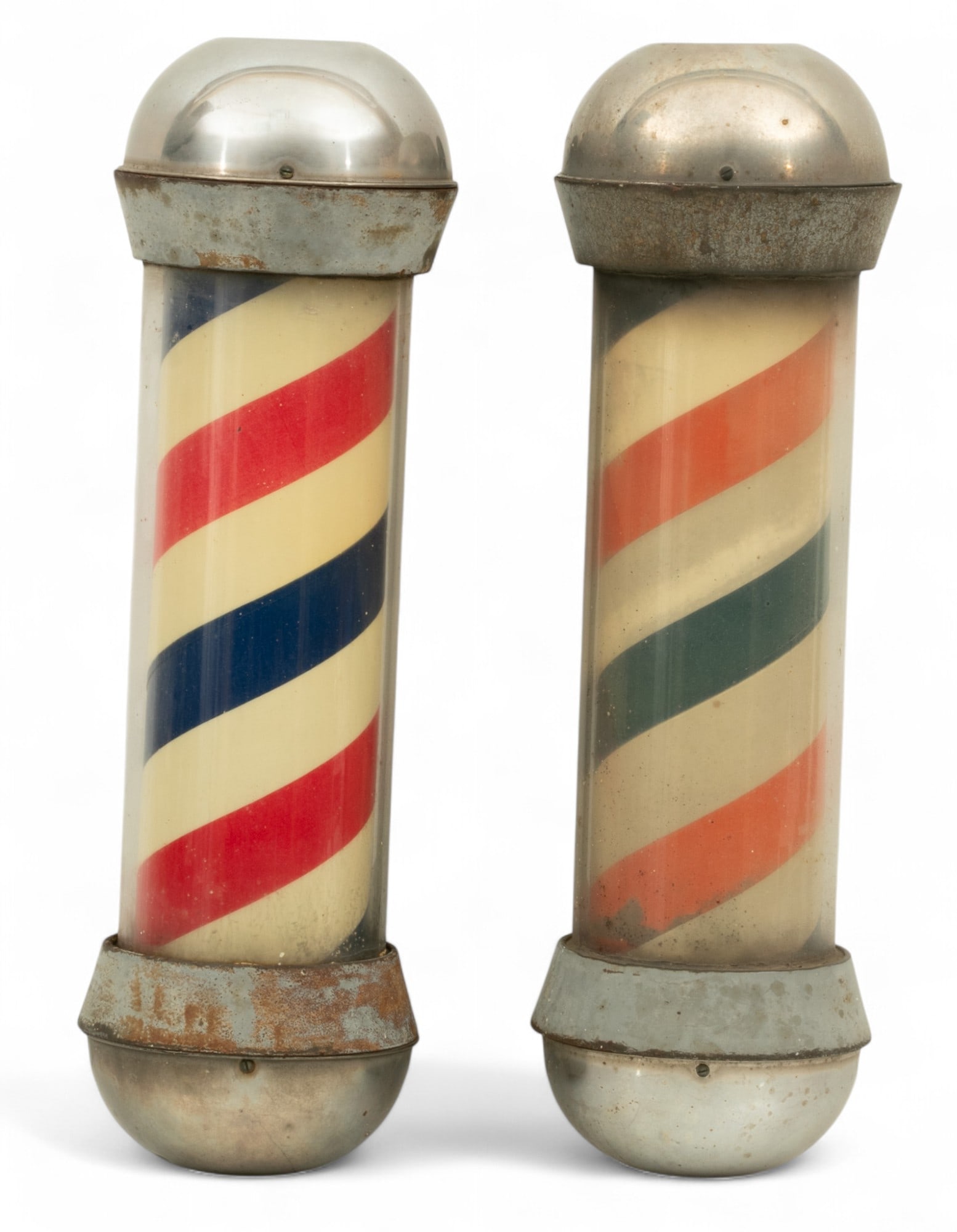 Pair of Koken Companies Glass And Metal Barber Poles H 26" W 7" Depth 11": Pair of Koken Companies Glass And Metal Barber Poles H 26" W 7" Depth 11" #1675. Electrified Provenance: The Estate of Stephen J. Engle of Grosse Isle Michigan Dimensions: 1 PC x H 26" W 7" Depth 11"