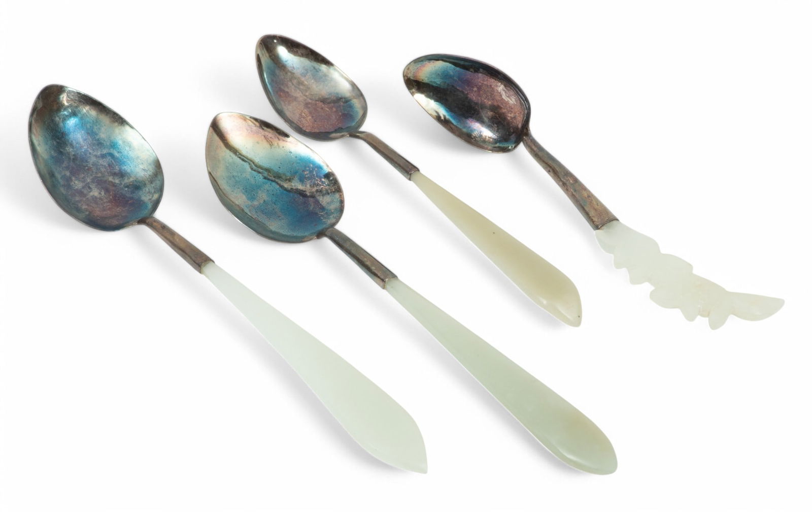Chinese Sterling Silver And White Jade Spoons, Ca. 1900, 39 g 4 PCS (1 of 2)