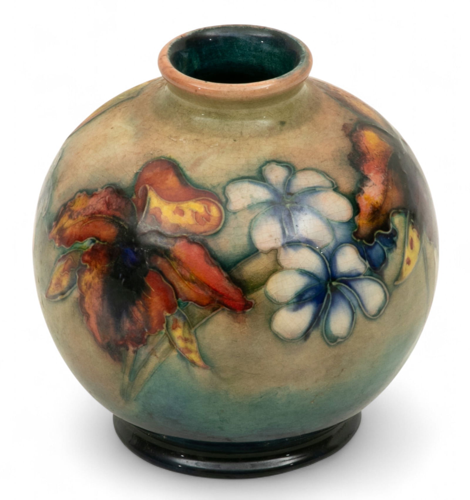 William Moorcroft (English, 1872-1945) Pottery Vase 1930, 'Vintage Design', H 4.2" Dia. 4": William Moorcroft (English, 1872-1945) Pottery Vase 1930, 'Vintage Design', H 4.2" Dia. 4" Hand painted. Signed. Green ground, orchid design. Dimensions: 1 PC x H 4.2" Dia 4"
