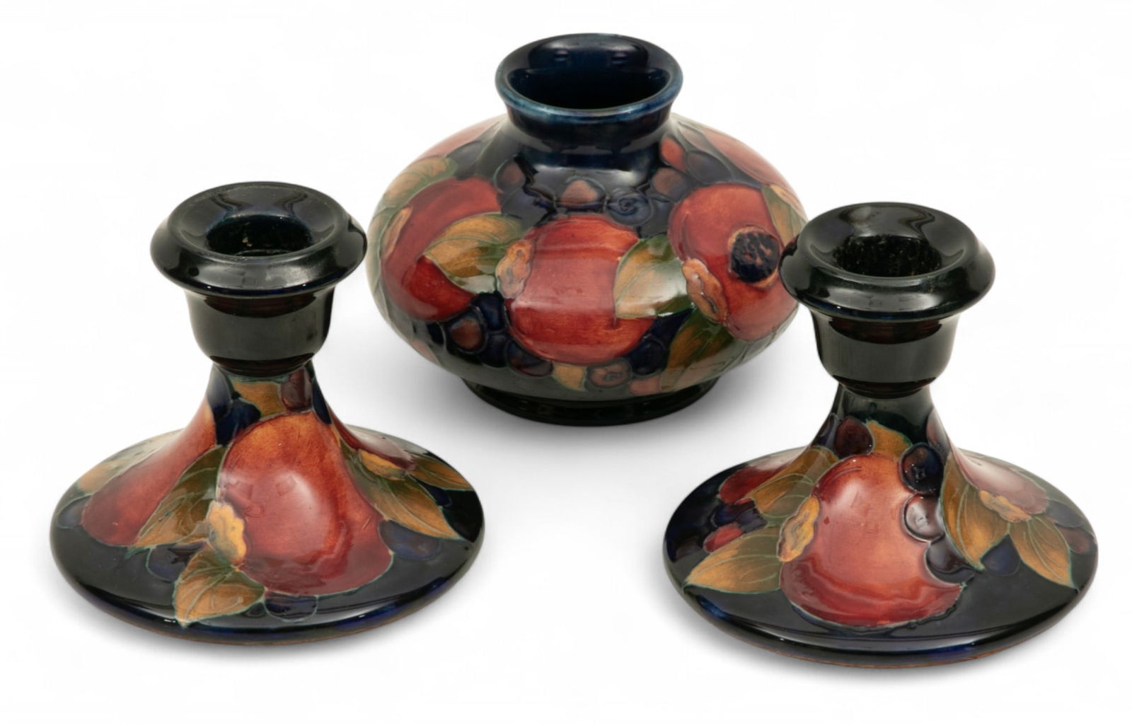 William Moorcroft (English, 1872-1945) Art Pottery Vase 3.5" & Pair Candlesticks 3.2" 1930, H 3.5" 3 (1 of 5)