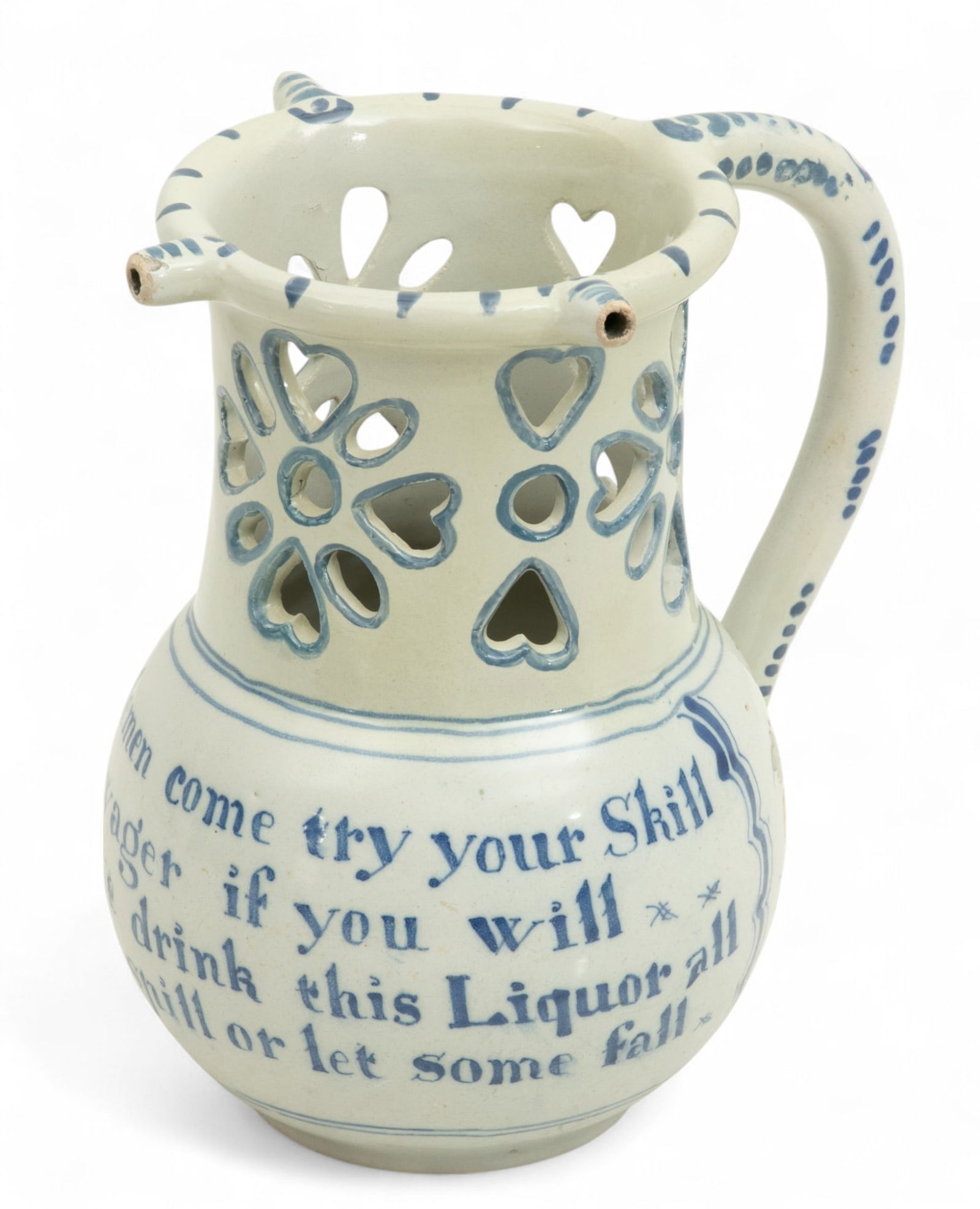 Liverpool Delft Blue And White Hollow Handle Puzzle Jug 19th.c., H 7" L 6.5" (1 of 6)