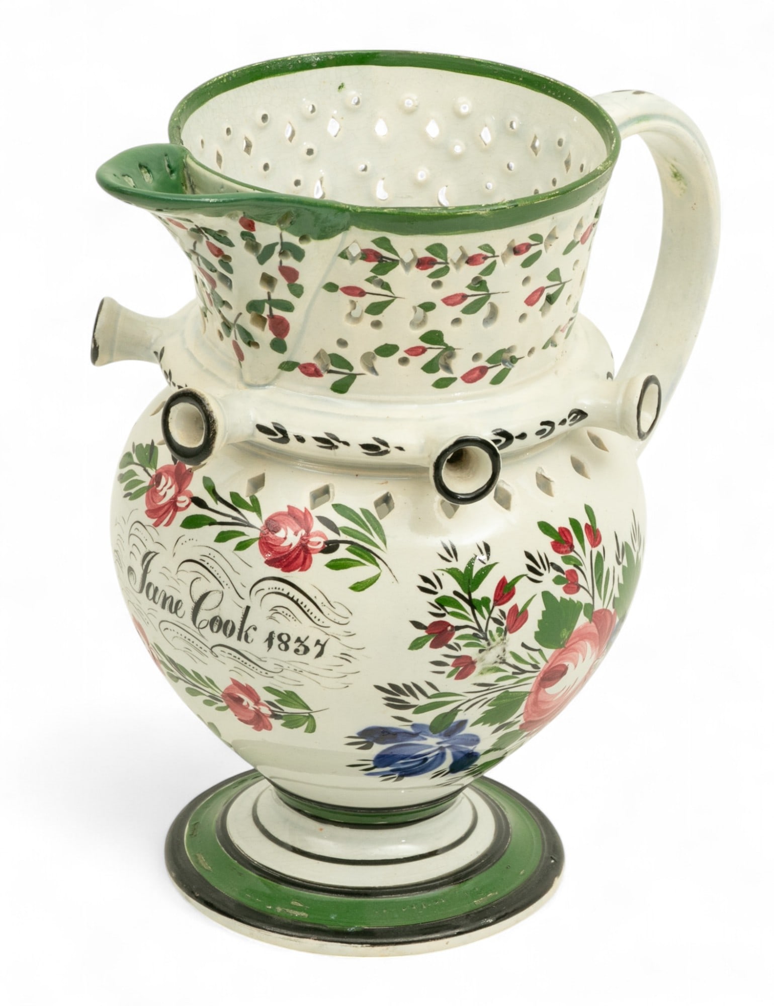 Hollow Handle Puzzle Jug "Jane Cook 1854", 5 Spouts 1850, H 8.7" L 9" 1 PC (1 of 4)