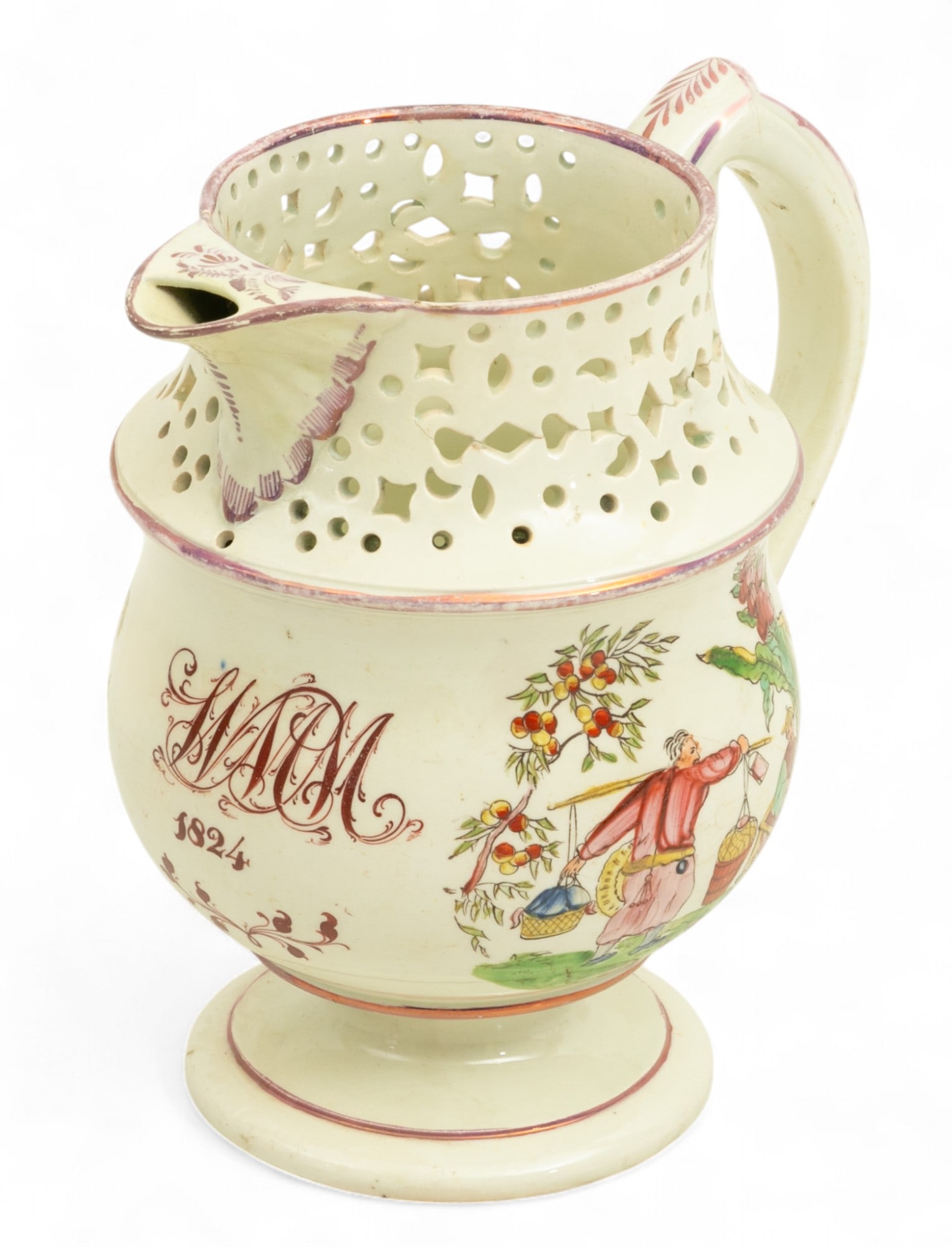 English Staffordshire Hollow Handle Puzzle Jug 1824, H 7.2" 1 PC (1 of 6)