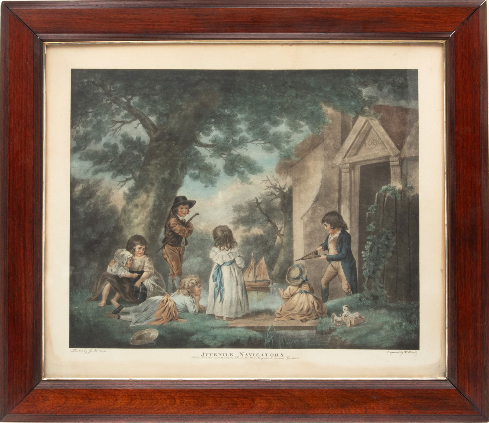 After George Moreland by W. Ward Color Engraving on Paper, Ca. 1900, '"Juvenile Navigators"', H: After George Moreland by W. Ward Color Engraving on Paper, Ca. 1900, '"Juvenile Navigators"', H 17.25'' W 22'' Frame Size: H 26'' W 30'' In mahogany frame under glass. Dimensions: 1 PC x H 17.25'' W 2