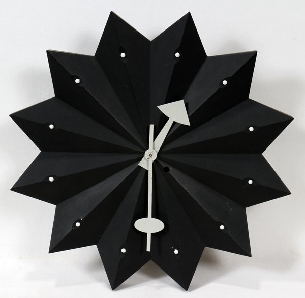 IN STYLE OF GEORGE NELSON WALL CLOCK, DIA 15": IN THE STYLE OF GEORGE NELSON, WOOD & METAL FAN WALL CLOCK, DIA 15": for Herman Miller; Painted wood clock with painted metal hands. Unmarked. No key present. White dot embellishments appear to be pai