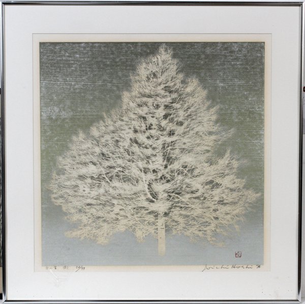JOICHI HOSHI, JAPANESE WOODBLOCK PRINT, #52/99 TREE: JOICHI HOSHI (JAPANESE 1911-1979), JAPANESE WOODBLOCK PRINT, #52/99, 23" X 22", TREE: depicts a single broad shape pine tree in white, signed lower right and dated '74; #52/99, lower left . Brushed me
