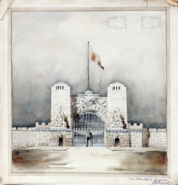 PACKWOOD, WATERCOLOR AND INK, GATE TO NAVY YARD: PACKWOOD, WATERCOLOR AND INK, 15" X 15", GATE TO NAVY YARD:depicts and titled: 'Main Entrance Gate To A Navy Yard' and signed: '… Packwood' in blue fountain pen lower right.