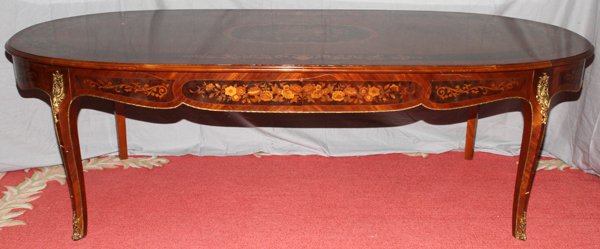 LOUIS XV STYLE MAHOGANY DINING TABLE, L 98": LOUIS XV STYLE MAHOGANY DINING TABLE, H 30", L 98", D 42":A mahogany dining table with fruitwood inlay. Tabletop is single piece.