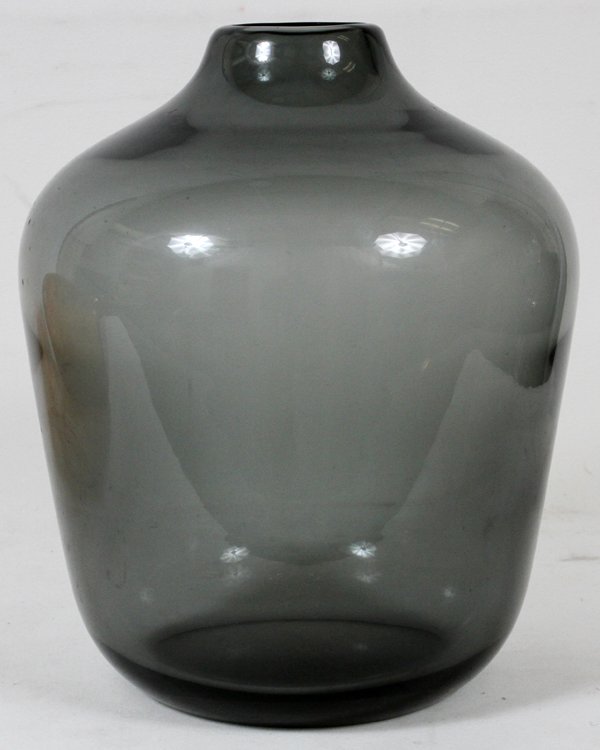 IVAN BAJ GLASS VASE, #37/300, H 13", DIA 11": IVAN BAJ (20TH C.) GLASS VASE, #37/300, H 13", DIA 11":For Arcade, Murano, smoky grey color glass. Signed "Arcade/Ivan Baj/ 37-300/ Murano" on underside (see photo).