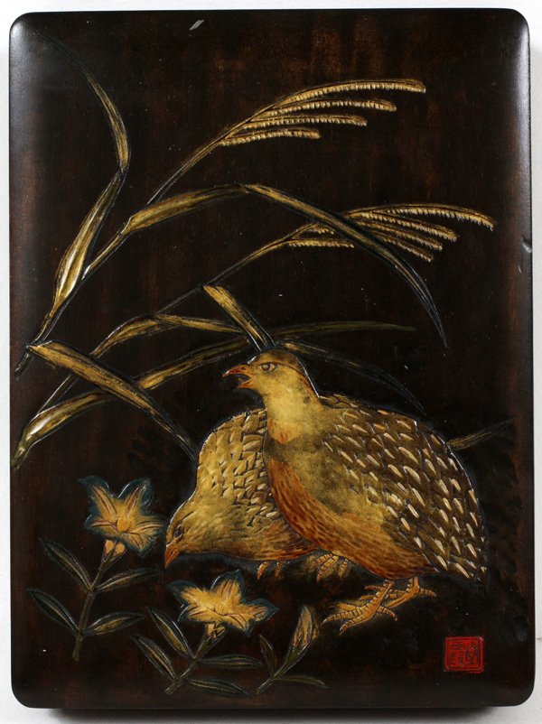 JAPANESE CARVED WOOD BOX, H 2", L 10 1/8": JAPANESE CARVED WOOD BOX, H 2", L 10 1/8", D 7 5/8":A nicely carved box with the top depicting quail in flowers and grass. Signed.