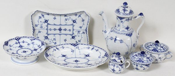 ROYAL COPENHAGEN 'BLUE FLUTED' PORCELAIN WARE: ROYAL COPENHAGEN 'BLUE FLUTED' PORCELAIN TABLE WARE, NINE PIECES:Including 1 coffee pot, #1/519, H.9 3/4", 1 round compote, #1/511, H.2 1/2", Dia.6 1/2", 1 oval platter, #1/531, L.10", 1 rectangular t
