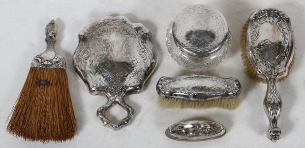 R. BLACKINTON & CO. STERLING DRESSER SET: R. BLACKINTON & CO. STERLING DRESSER SET, EARLY 20TH C., FIVE PIECES, & GORHAM WHISK BROOM, L 9":Sterling silver set includes 1 hand mirror, L.8 1/2", 1 hair brush, 1 clothes brush, 1 nail buffer, and