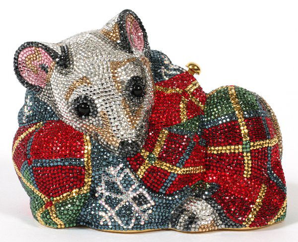 JUDITH LEIBER CRYSTAL MOUSE MINAUDIERE, L5 1/2": JUDITH LEIBER MULTICOLOR CRYSTAL MOUSE MINAUDIERE, L 5 1/2":Snuggled under a plaid blanket, with snowflake motifs; hinges open to comb, mirror, coin purse, and shoulder strap, stamped "Judith Leiber".