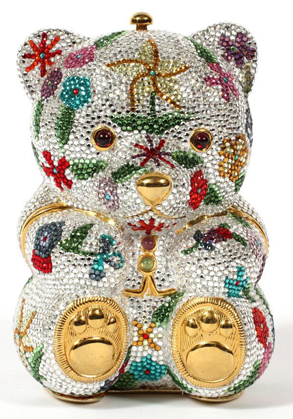 JUDITH LEIBER TEDDY BEAR MINAUDIERE, H 5": JUDITH LEIBER MULTICOLOR TEDDY BEAR MINAUDIERE, H 5":Colorful floral sprays overall, hinges open to comb, mirror, coin purse and shoulder strap, stamped "Judith Leiber".