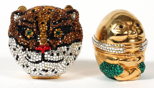 JUDITH LEIBER HUMPTY DUMPTY & TIGER PILL BOXES: JUDITH LEIBER CRYSTAL HUMPTY DUMPTY PILL BOX, H 1 3/4", & MADELINE BETH TIGER PILL BOX:Including 1 Judith Leiber Humpty Dumpty pill box, H.1 3/4", stamped "Judith Leiber", and 1 tiger pill box by Made