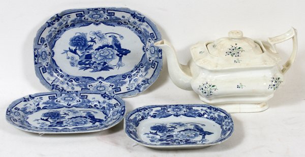 IRONSTONE TRAYS, 19TH C., THREE, L 8"-10": IRONSTONE TRAYS, 19TH C., THREE, L 8"-10":Rectangular Ironstone trays in blue under glaze transfer chrysanthemum pattern. Circa 1870. 8", 9", 10". Staffordshire teapot is as is.
