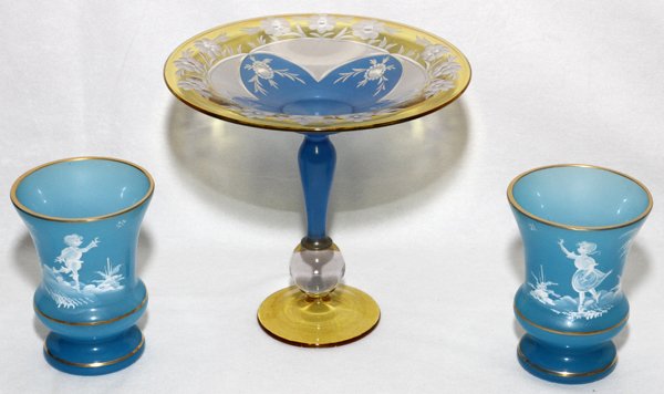ANTIQUE STYLE GLASS WARE, THREE PIECES: ANTIQUE STYLE GLASS WARE, THREE PIECES:Including a pair of Mary Gregory style blue glass vases, white enamel decoration, H.5", and 1 Bohemian style glass compote with etched floral motif, H.7 1/2".